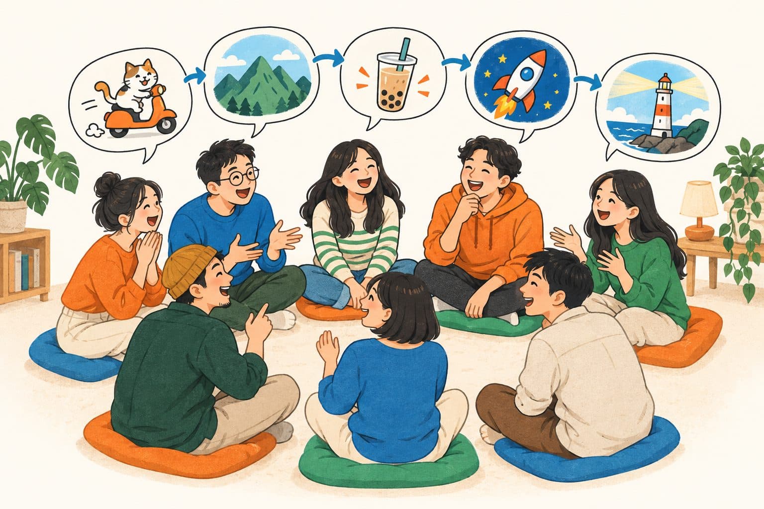 故事接龍：八個人圍坐，頭上一串對話框依序畫著騎機車的貓、山、珍珠奶茶、火箭與燈塔，串成荒謬故事
