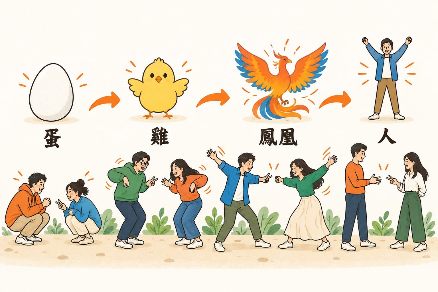 進化論猜拳遊戲的四個階段：蛋、雞、鳳凰、人，每一階段都有兩人用對應動作猜拳