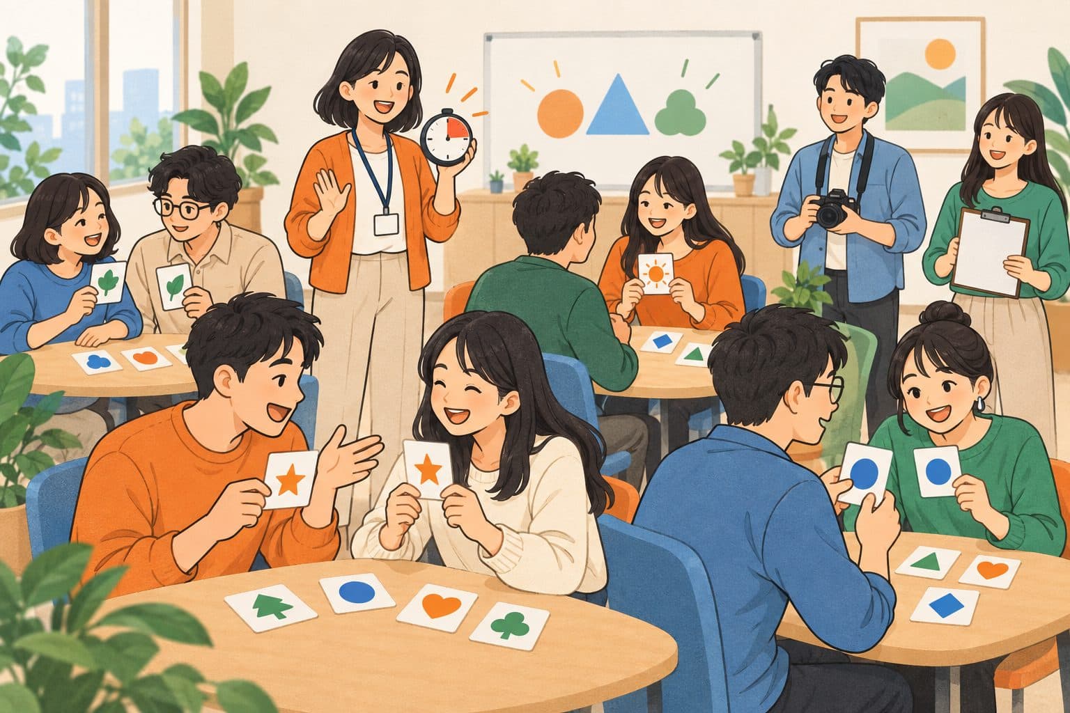 會議室裡的低壓力破冰：多數人在小桌兩兩配對，一人擔任記分員、一人負責拍照，沒有人站上台