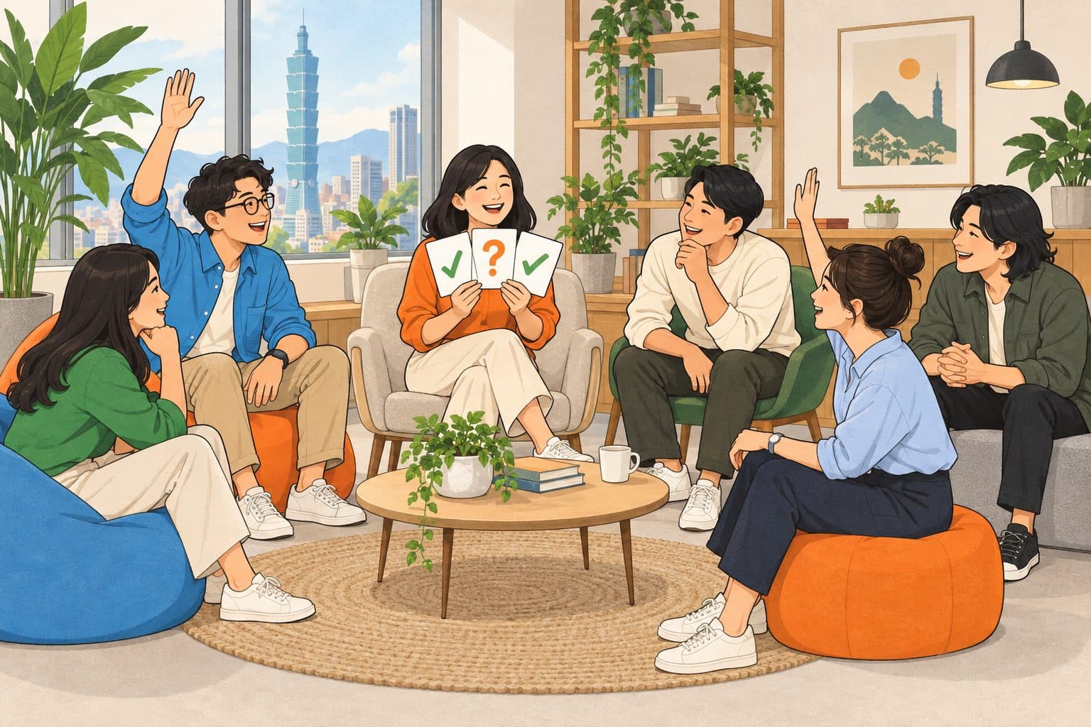 兩真一假破冰遊戲：一名同事舉起三張卡片，兩張打勾、一張問號，圍坐的同事舉手投票猜哪一張是假的