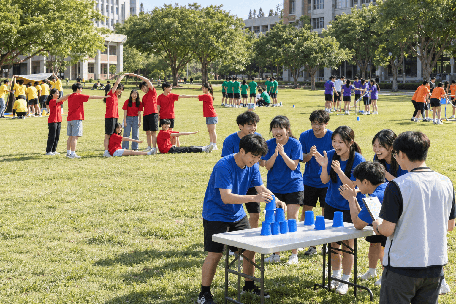 學生分成小隊在校園草地上輪流通過疊杯、人體字母等大地遊戲關卡