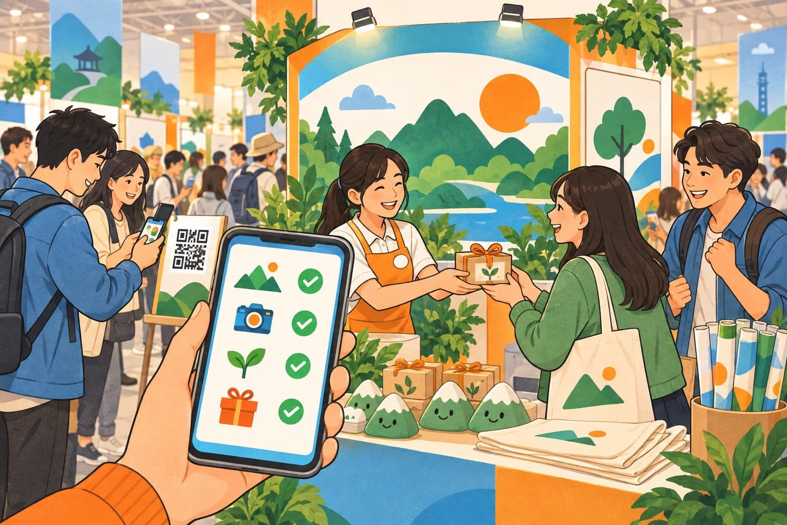 展覽會場的互動攤位:參觀者用手機掃描 QR Code 立牌,手機畫面顯示打勾的任務清單,攤位人員遞上小禮物