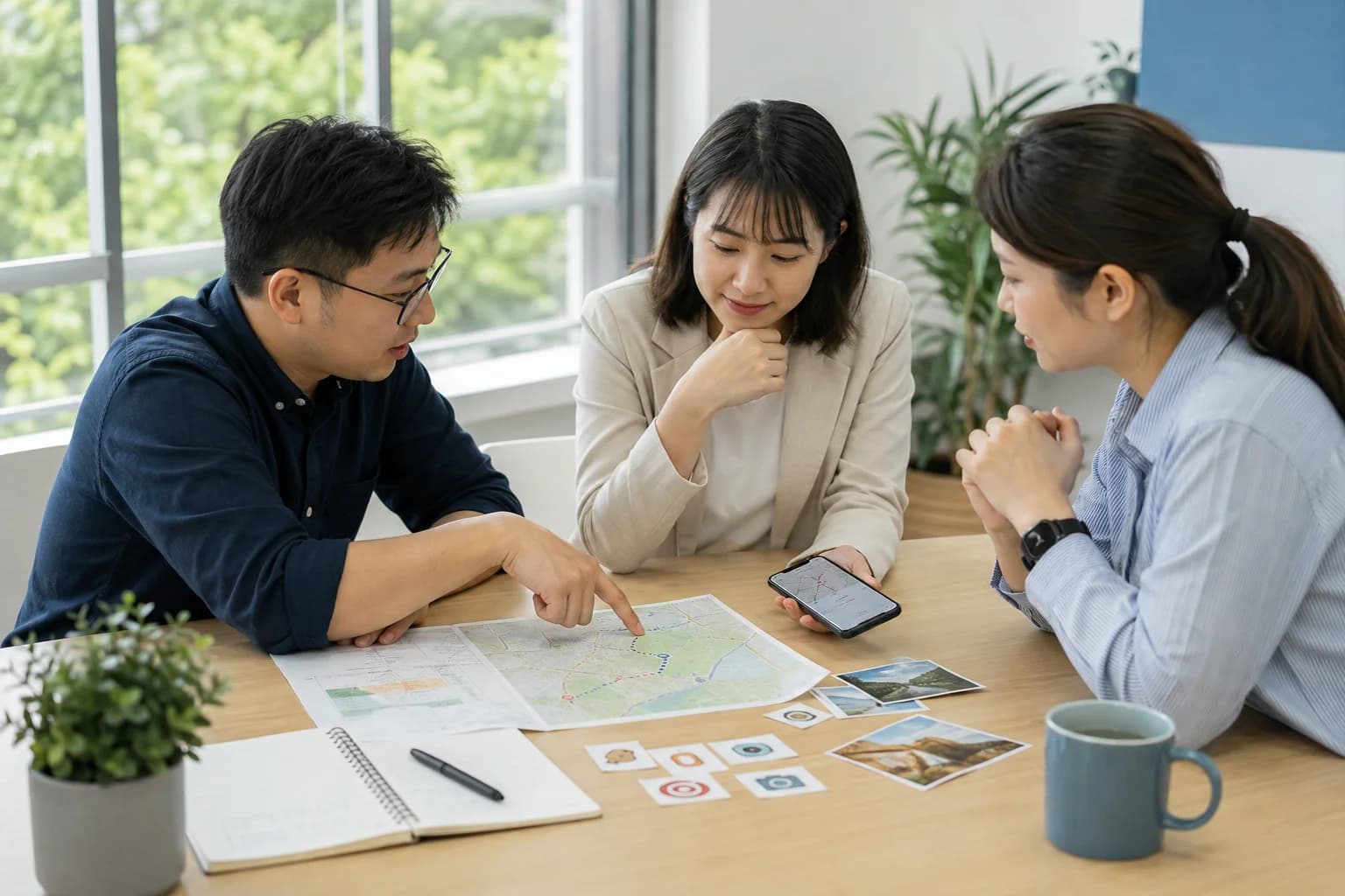 三位活動規劃人員對照紙本路線圖與手機,討論員工活動安排(AI 生成示意圖)