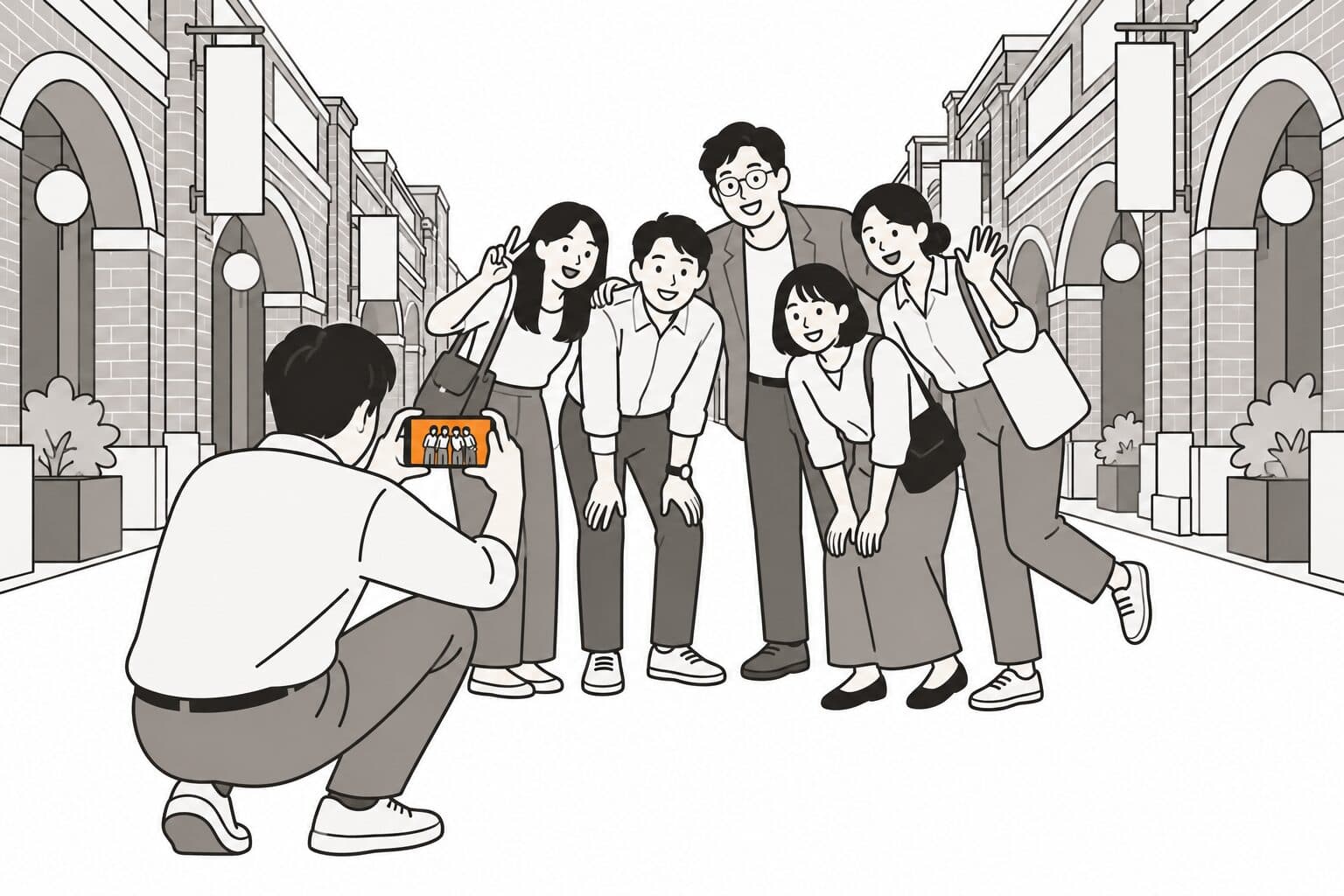 示意插圖:團隊在老街拱廊下擺姿勢拍合照