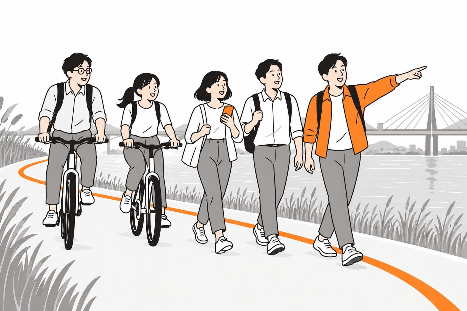 示意插圖:同事沿河濱自行車道前進,前方有人指向下一站