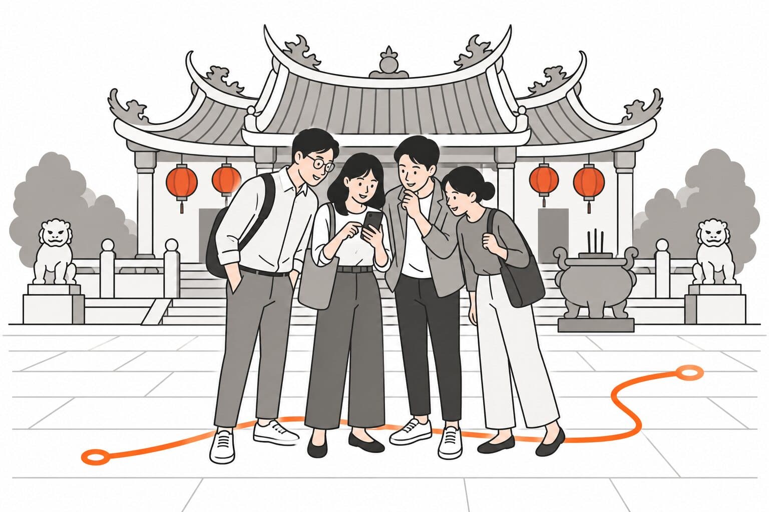 示意插圖:四位同事在廟埕看同一支手機上的任務